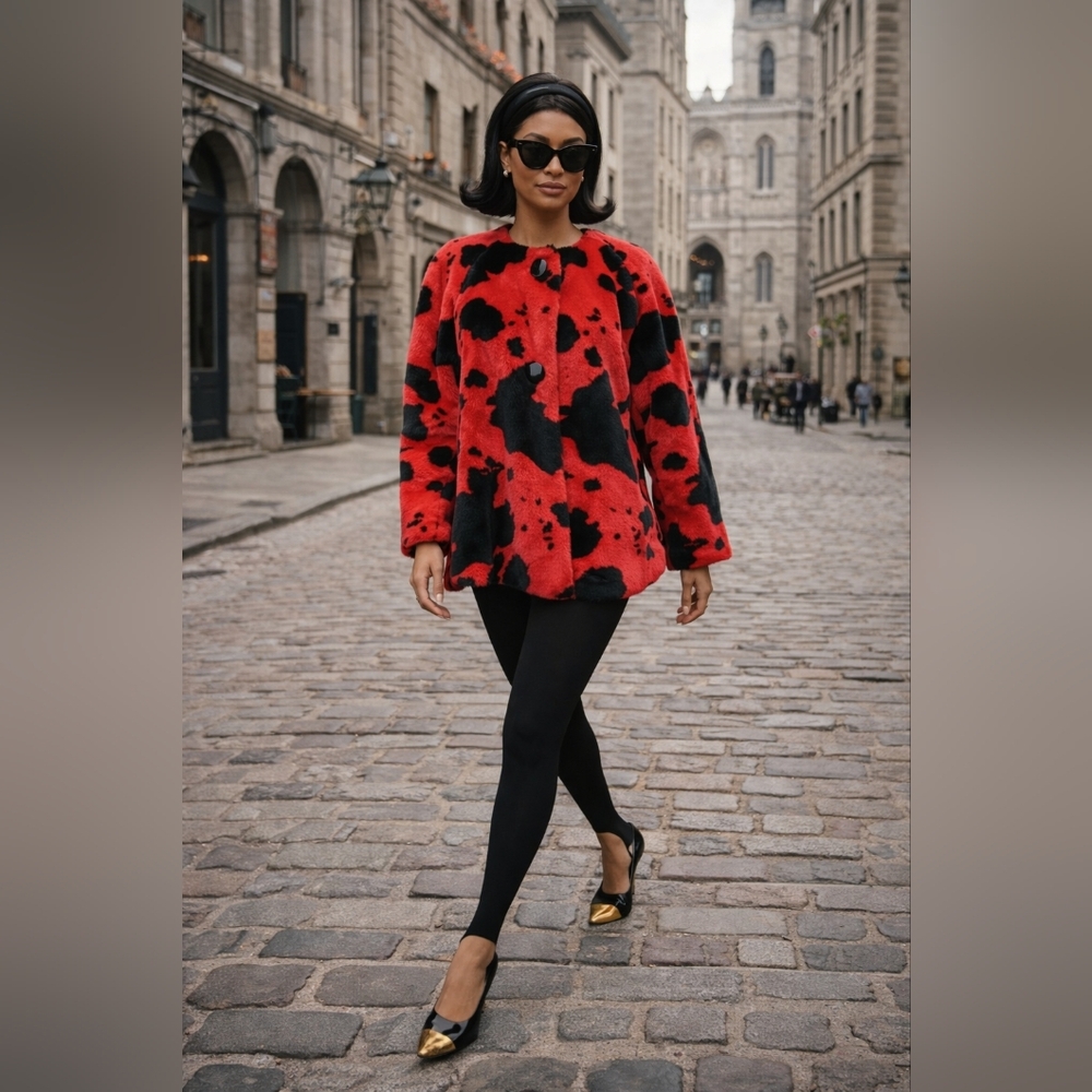 LUXE Y2K Le Chateau Red Black Faux Fur Printed Statement Coat S